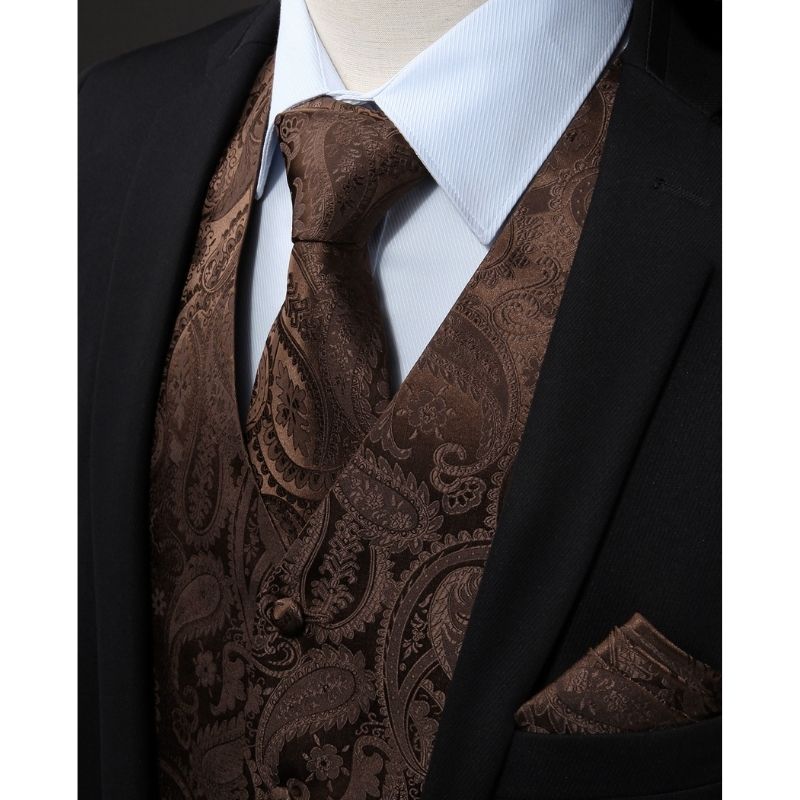 Men's Brown Paisley Vest Tie Set For Weddings Anniversary - Image 2