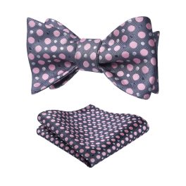 Polka Dots Grey Pink Bow Tie Set For Party Wedding