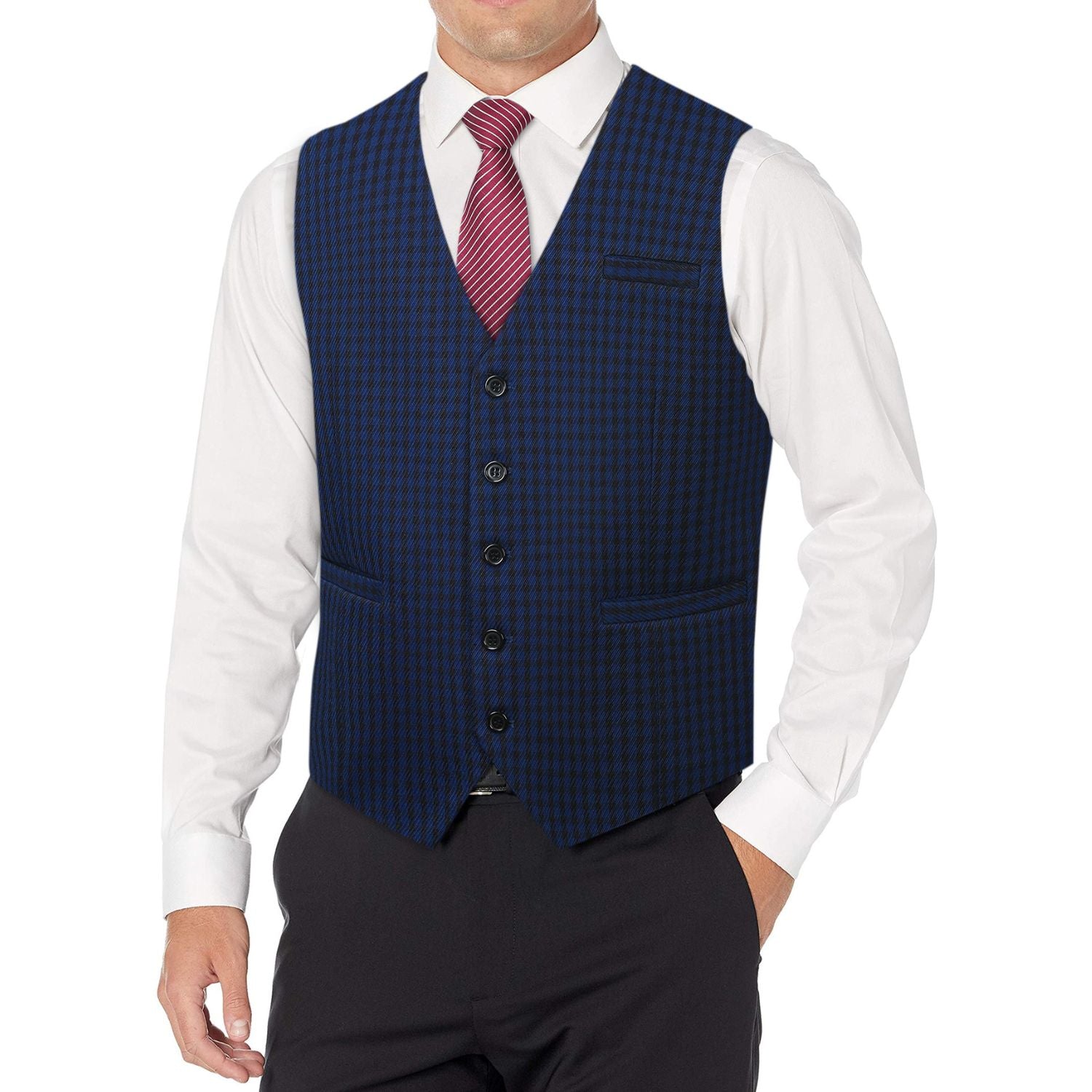 Men's Navy Blue Plaid Wedding Vest For Skinny Guys - Image 2
