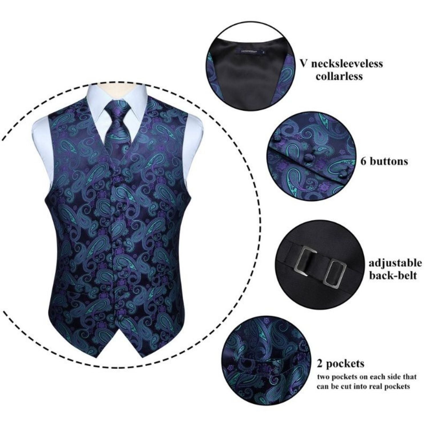 Men's Purple Green Paisley Vest Tie Set For Weddings - Image 4