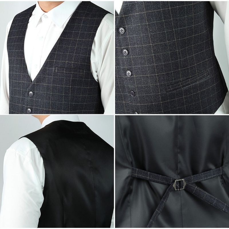 Men's Dark Black Plaid Wedding Vest For Skinny Guys - Image 4