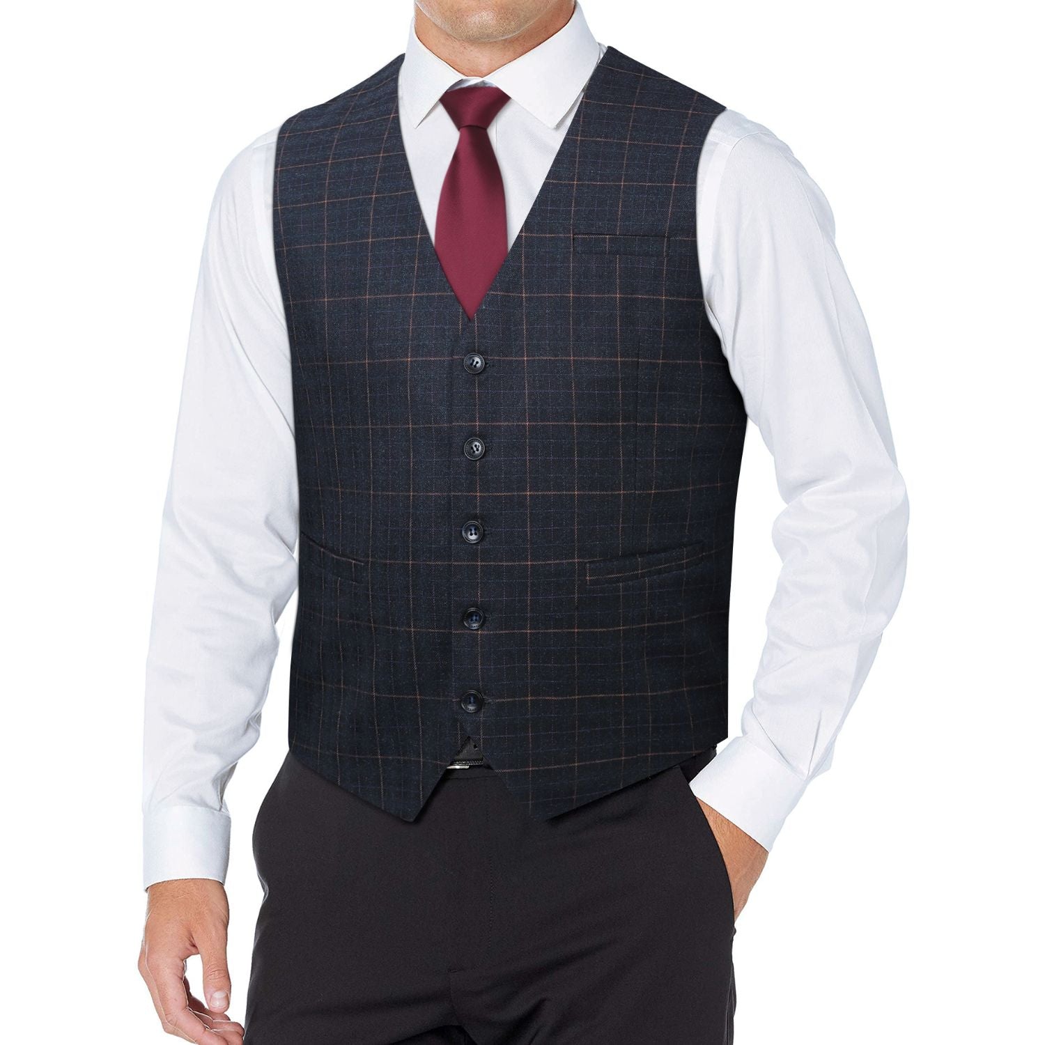Men's Charcoal Plaid Wedding Vest For Skinny Guys - Image 2