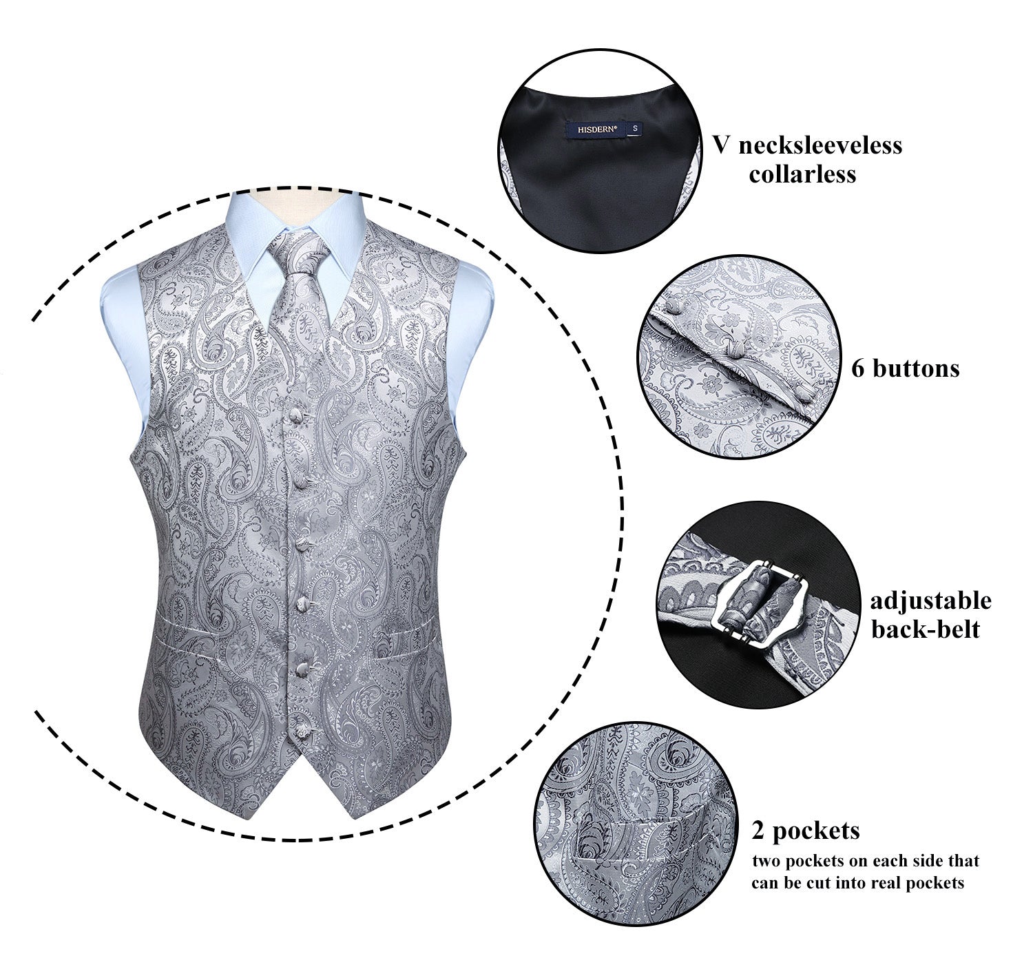 Men's Grey Paisley Vest Tie Set For Weddings Anniversary - Image 3