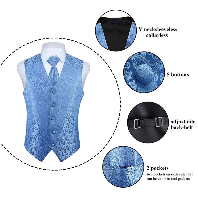 Men's Baby Blue Paisley Vest Tie Set For Weddings - Image 4