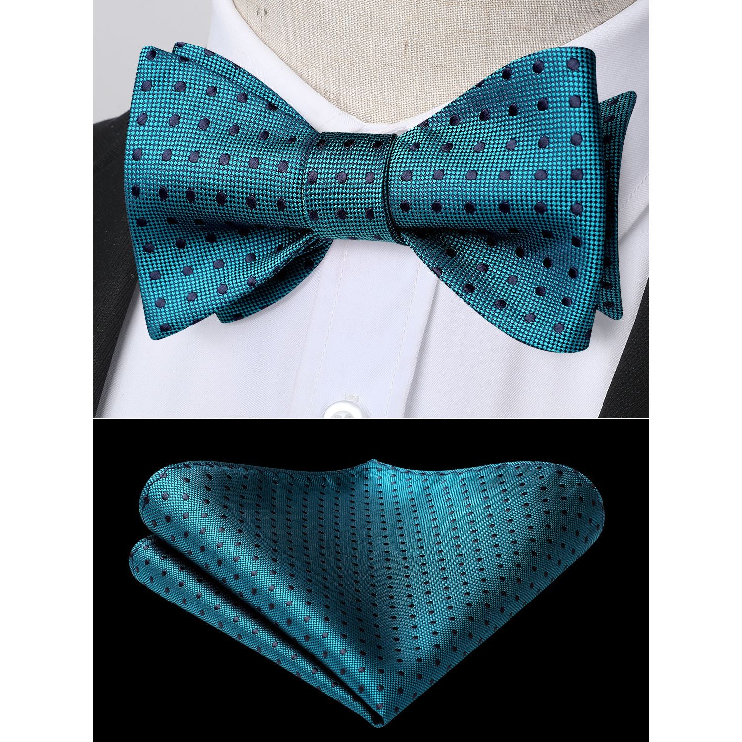 Polka Dots Green Navy Blue Bow Tie Set For Party Wedding - Image 2