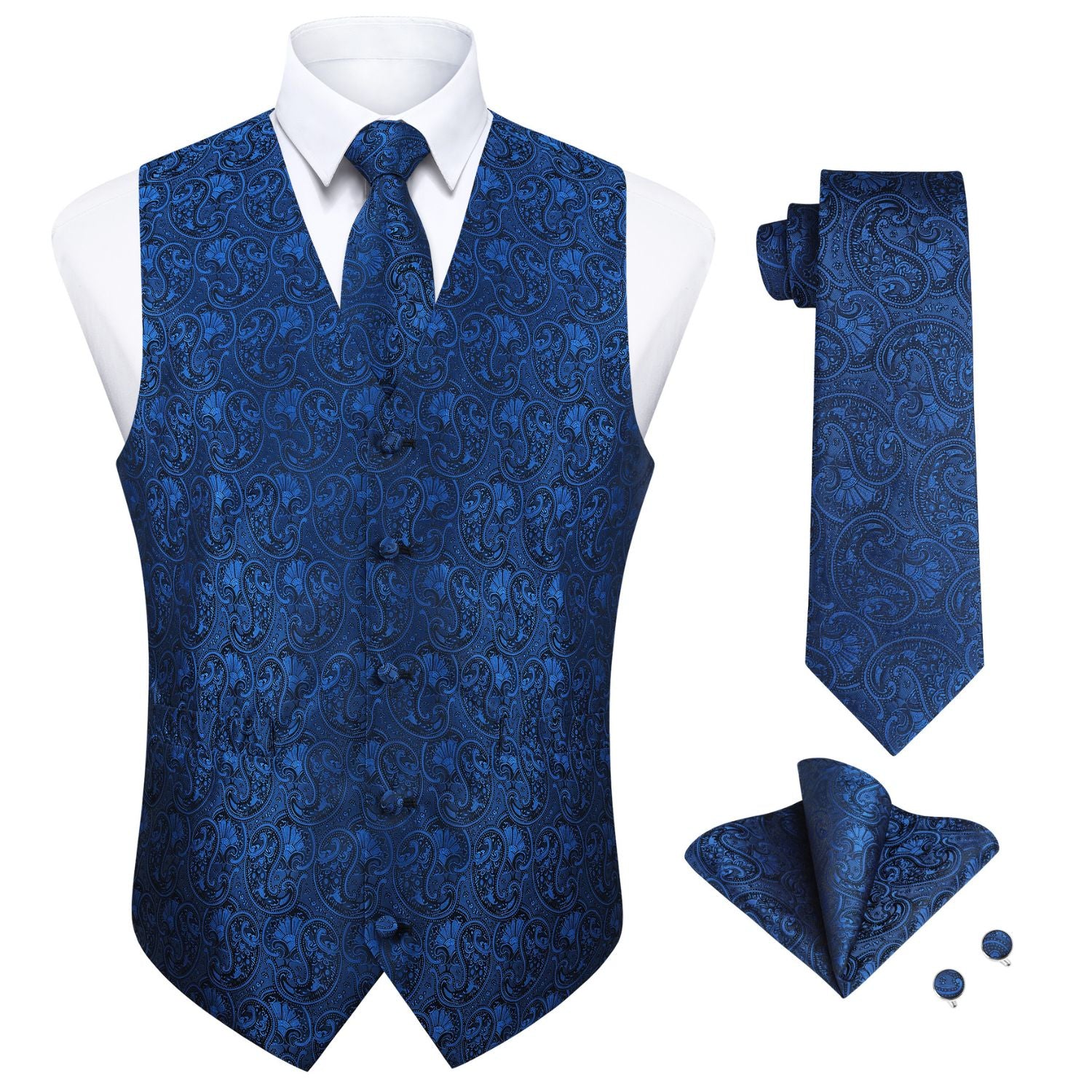 Men's Royal Blue Paisley Vest Tie Set For Weddings