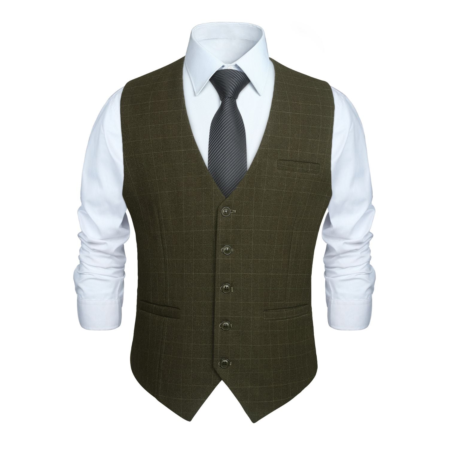 Men's Olive Green Plaid Slim Suit Vest Formal Wear