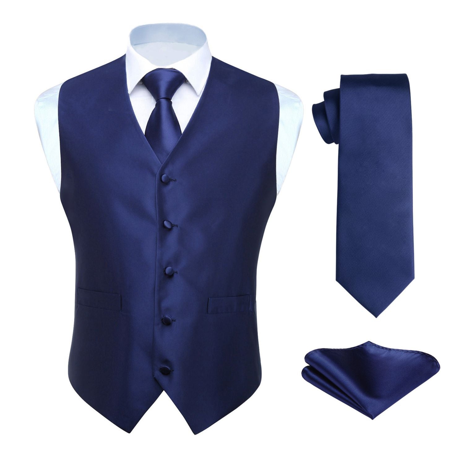 Men's Dark Blue Solid Vest Tie Set For Formal Wear