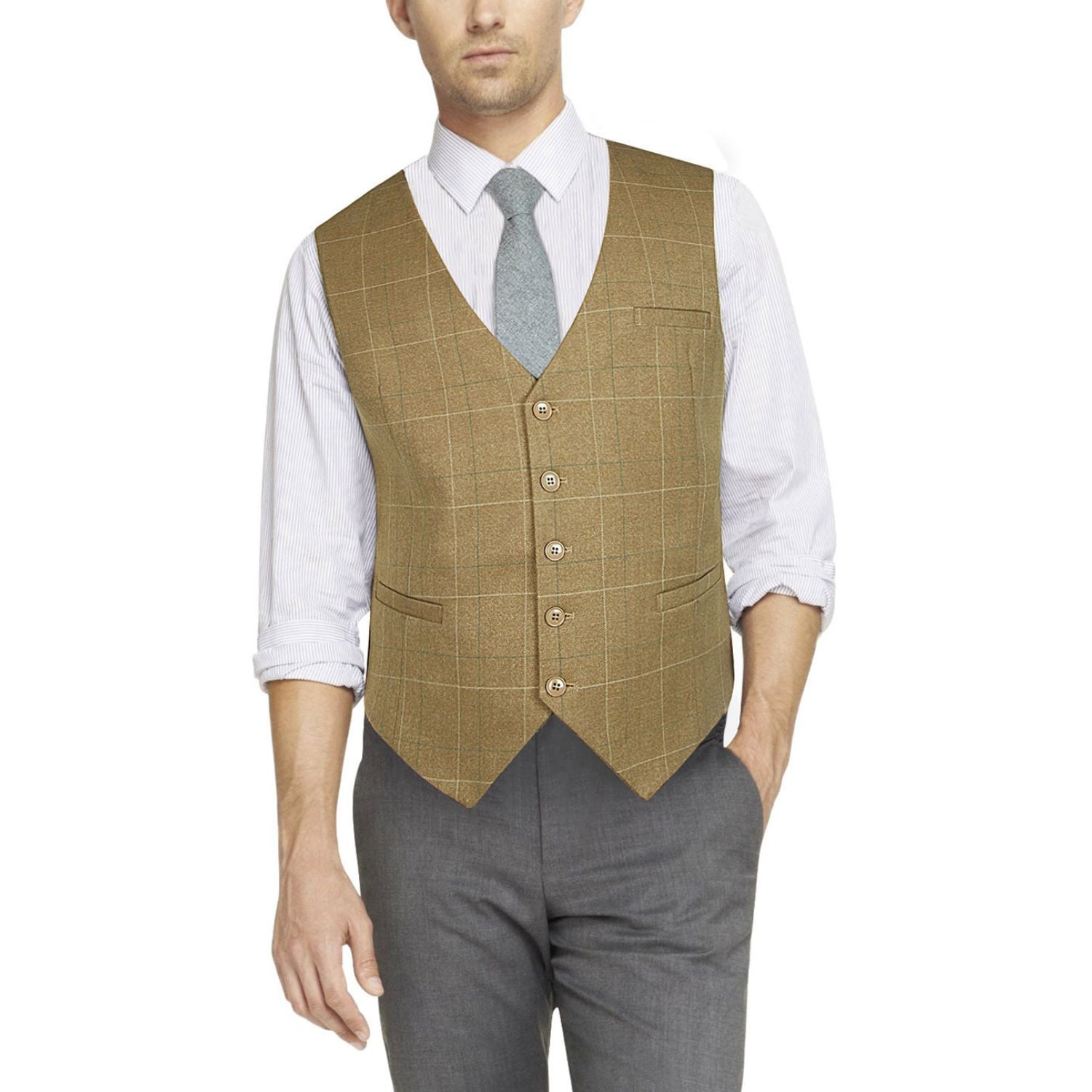 Men's Khaki Plaid Wedding Vest For Skinny Guys - Image 3