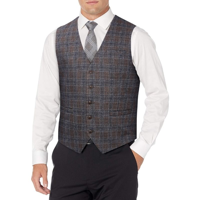 Men's Light Brown Plaid Wedding Vest For Skinny Guys - Image 2