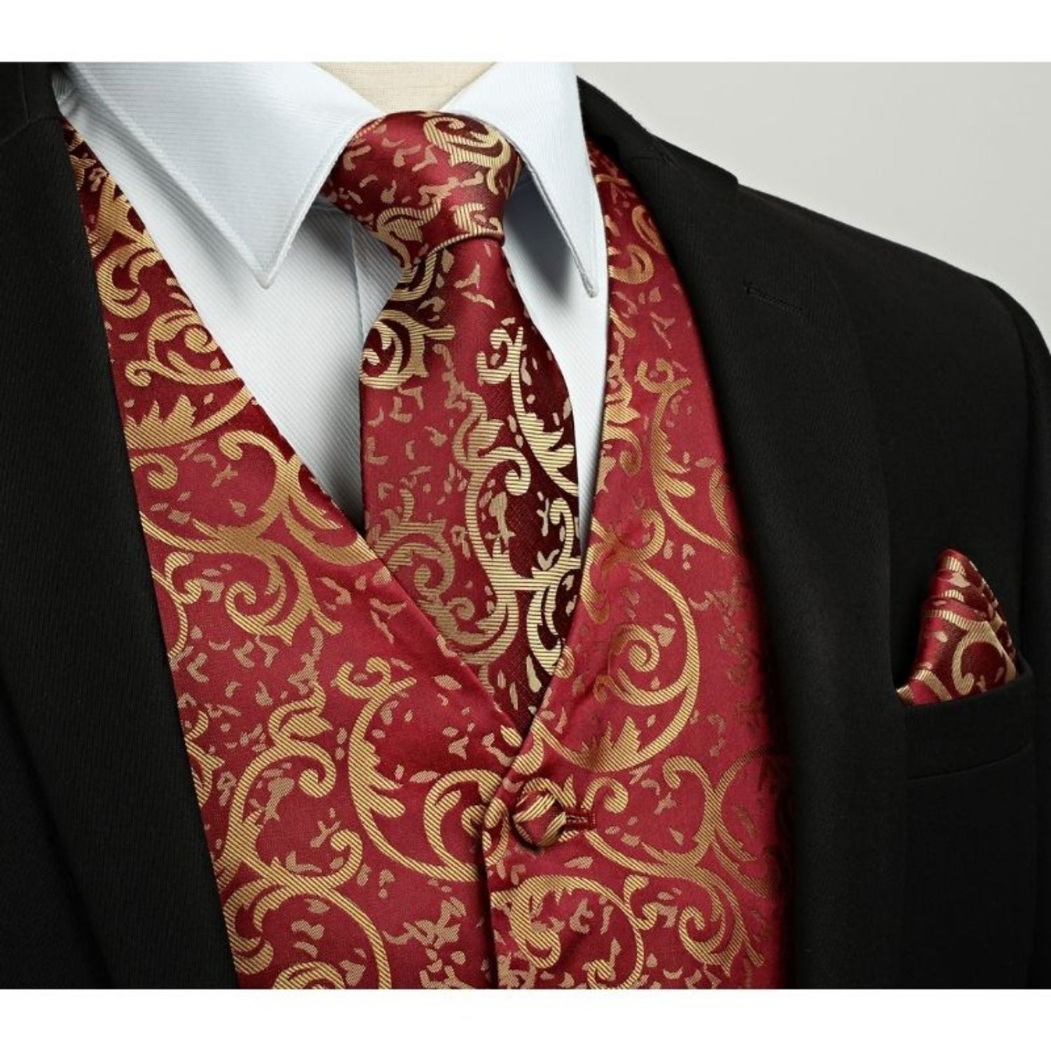 Men's Burgundy Floral Vest Tie Set For Weddings - Image 2