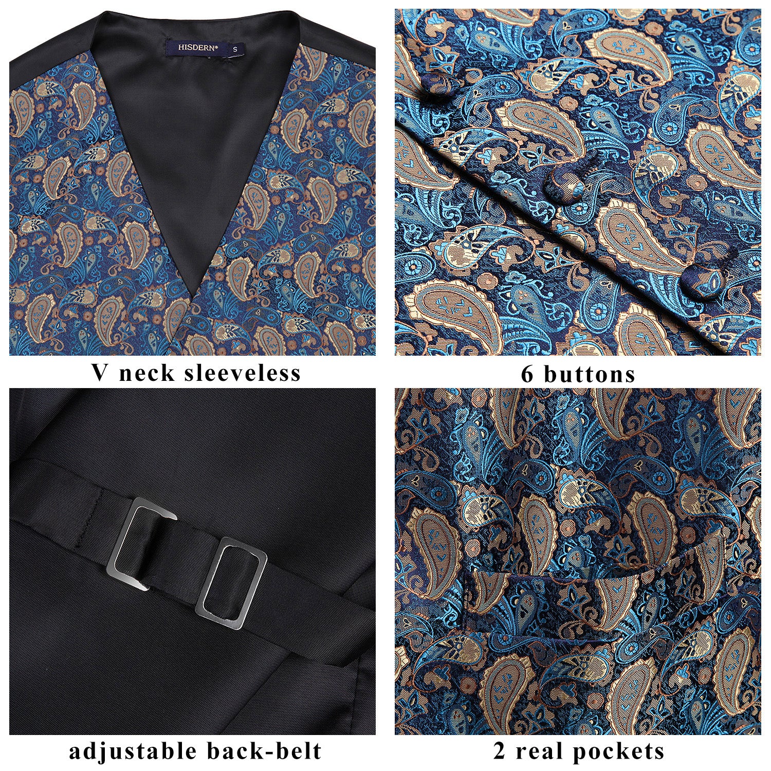 Men's Navy Blue Brown Paisley Vest Tie Set For Weddings - Image 2