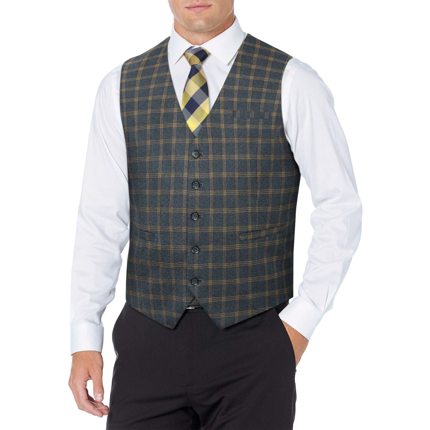 Men's Brown Blue Plaid Slim Suit Vest Formal Wear - Image 2