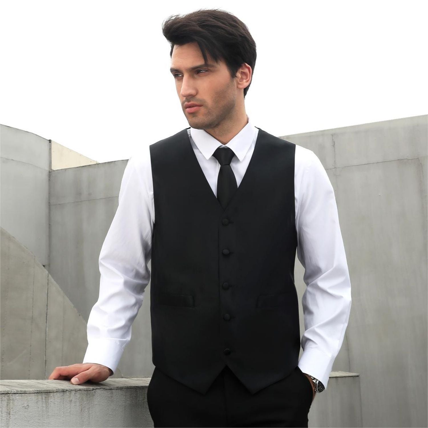 Men's Black Solid Vest Tie Set For Weddings - Image 3