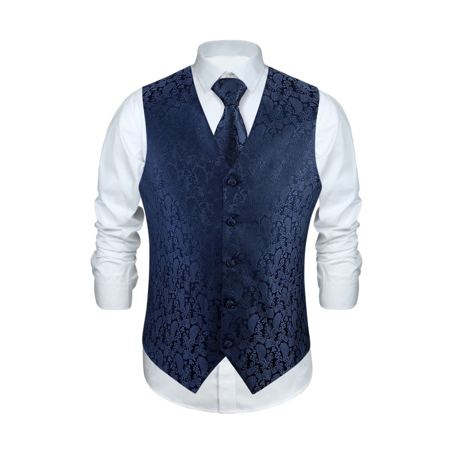 Men's Navy Blue Paisley Vest Tie Set For Weddings Anniversary - Image 2
