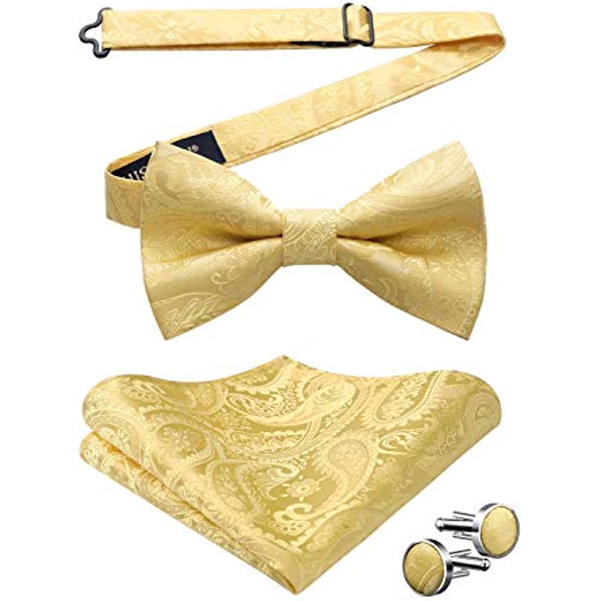 Yellow Paisley Pre-Tied Bow Tie Handkerchief With Cufflinks - Image 2