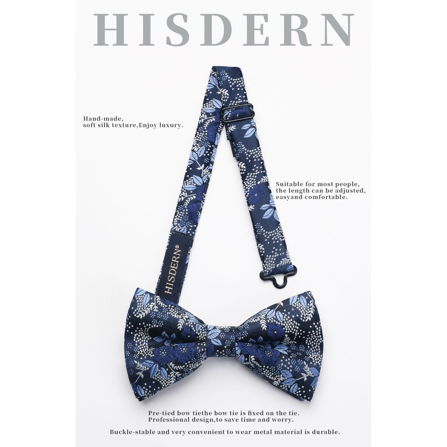 Dark Blue Floral Pre-Tied Bow Tie Handkerchief With Cufflinks - Image 2