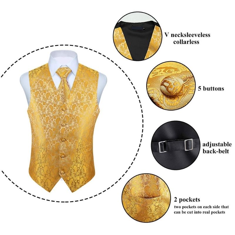 Men's Yellow Paisley Vest Tie Set For Weddings - Image 3