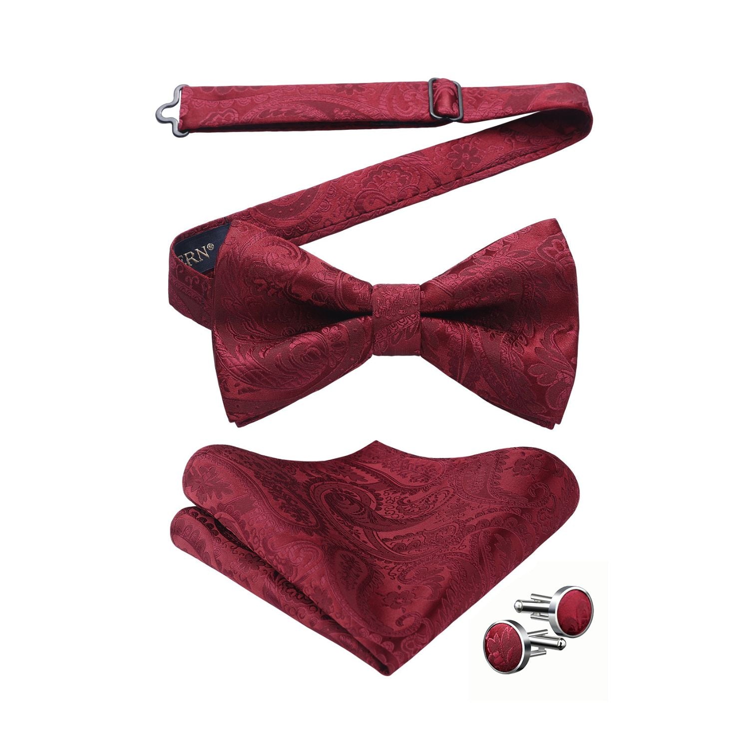 Vintage Burgundy Paisley Pre-Tied Bow Tie Handkerchief With Cufflinks