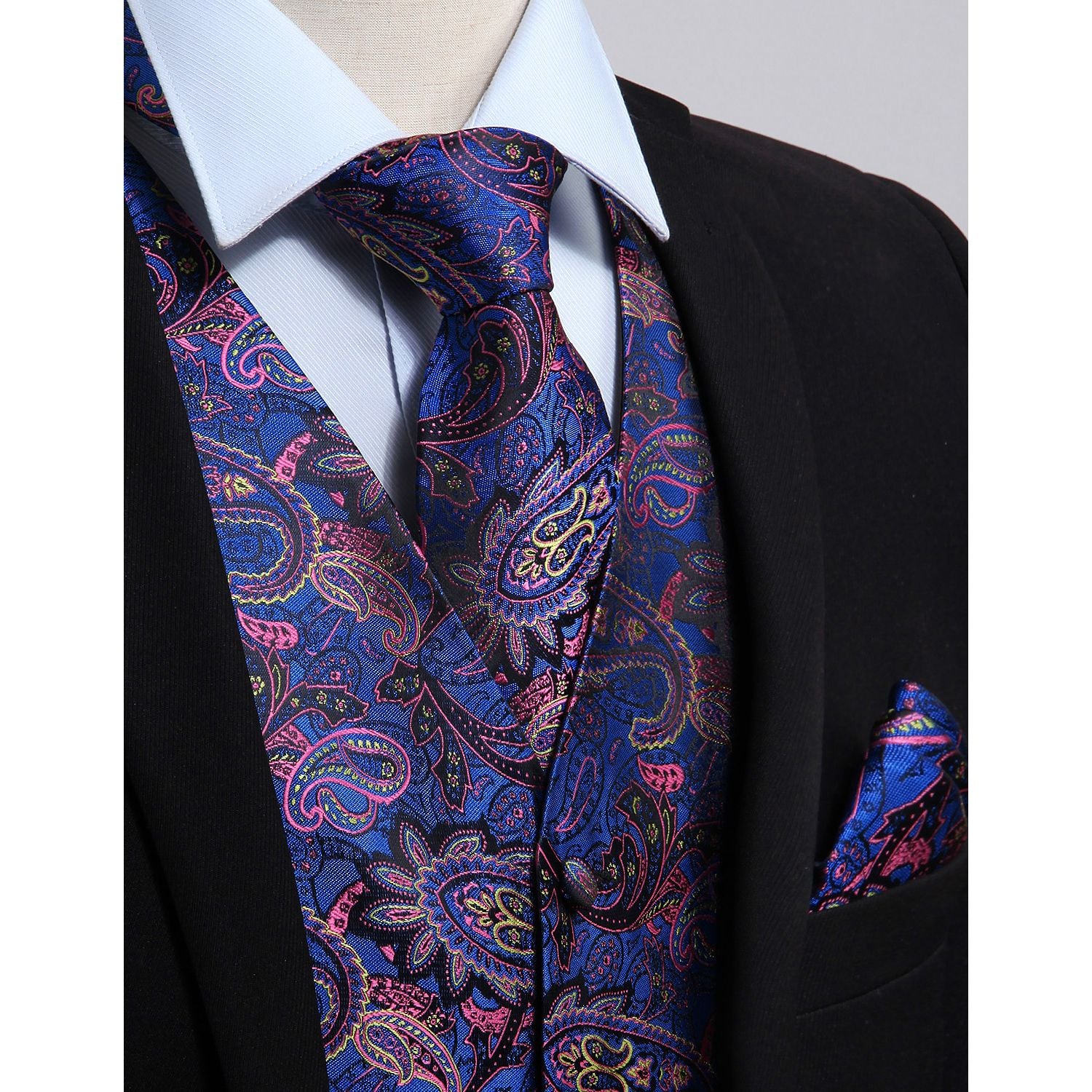 Men's Blue Pink Paisley Vest Tie Set For Weddings - Image 2