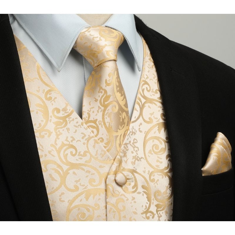 Men's Yellow Gold Floral Vest Tie Set For Weddings - Image 2
