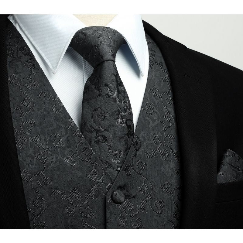 Men's Black Floral Vest Tie Set For Weddings - Image 2
