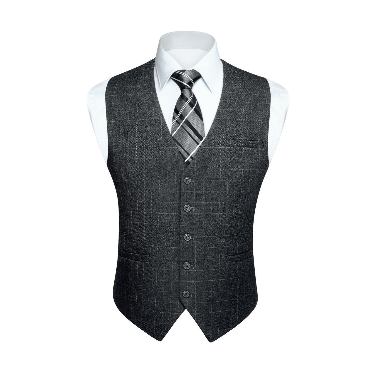 Men's Charcoal Grey Plaid Wedding Vest For Skinny Guys