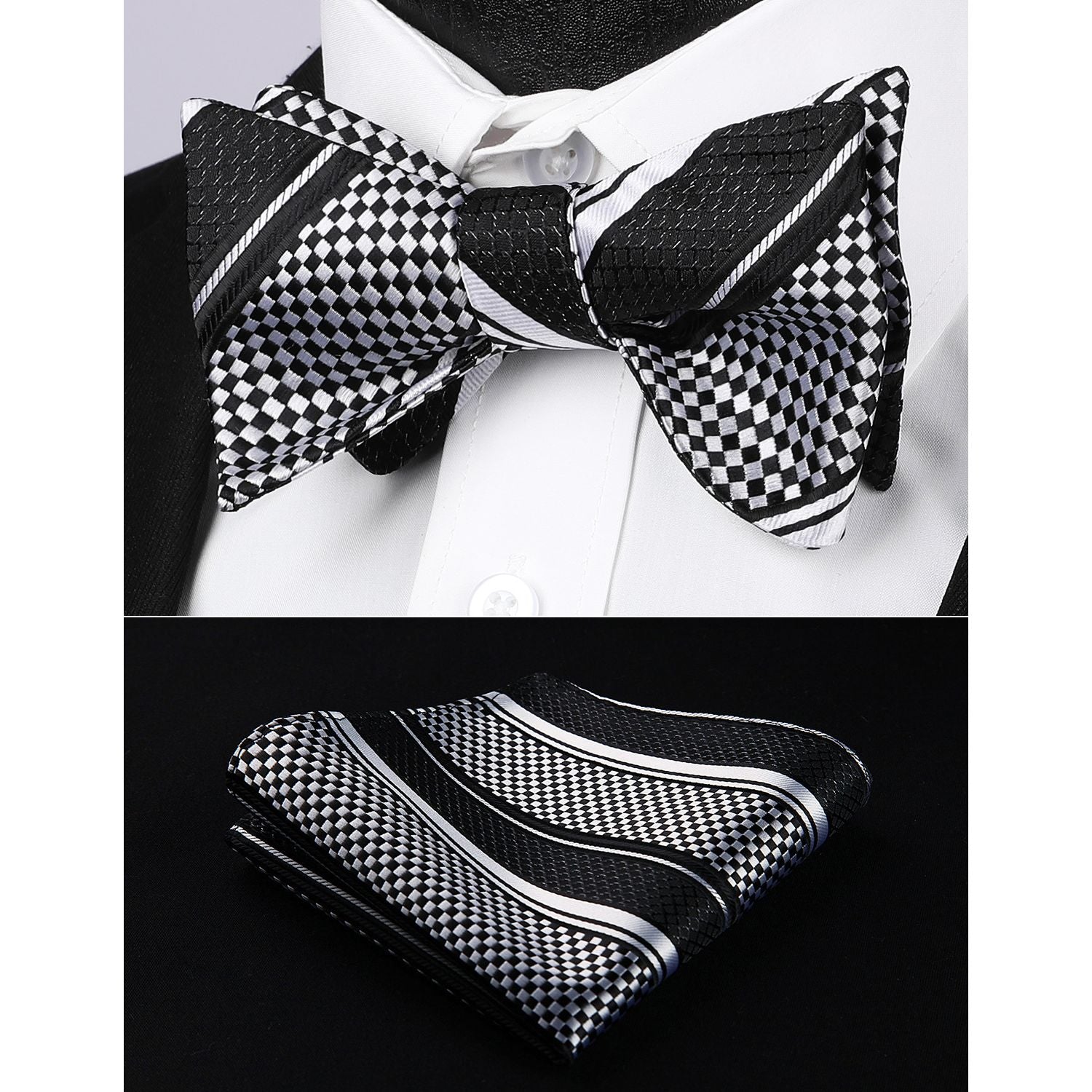 Black White Striped Bow Tie Accessories Set For Evening Wear - Image 2