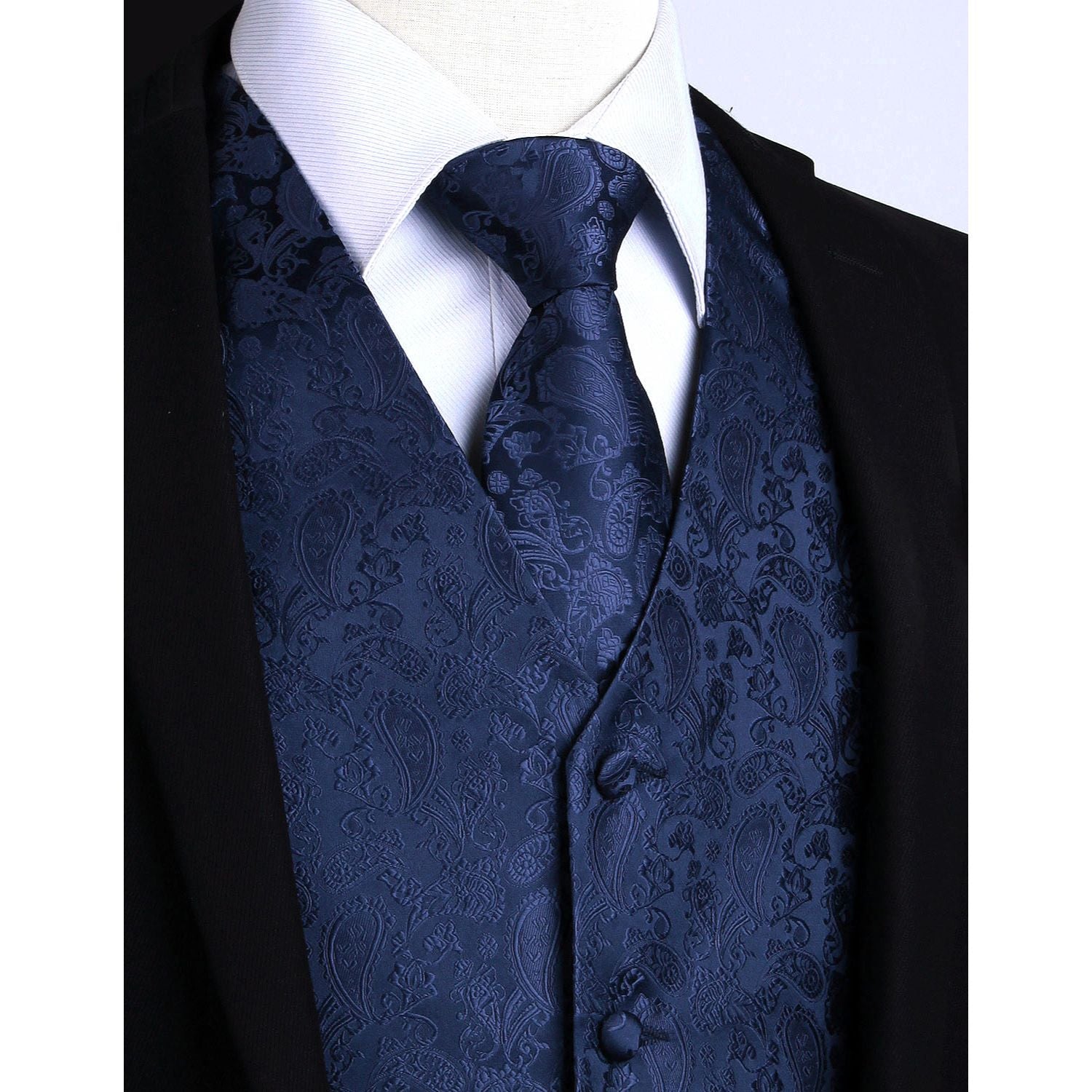 Men's Navy Blue Paisley Vest Tie Set For Weddings Anniversary - Image 3