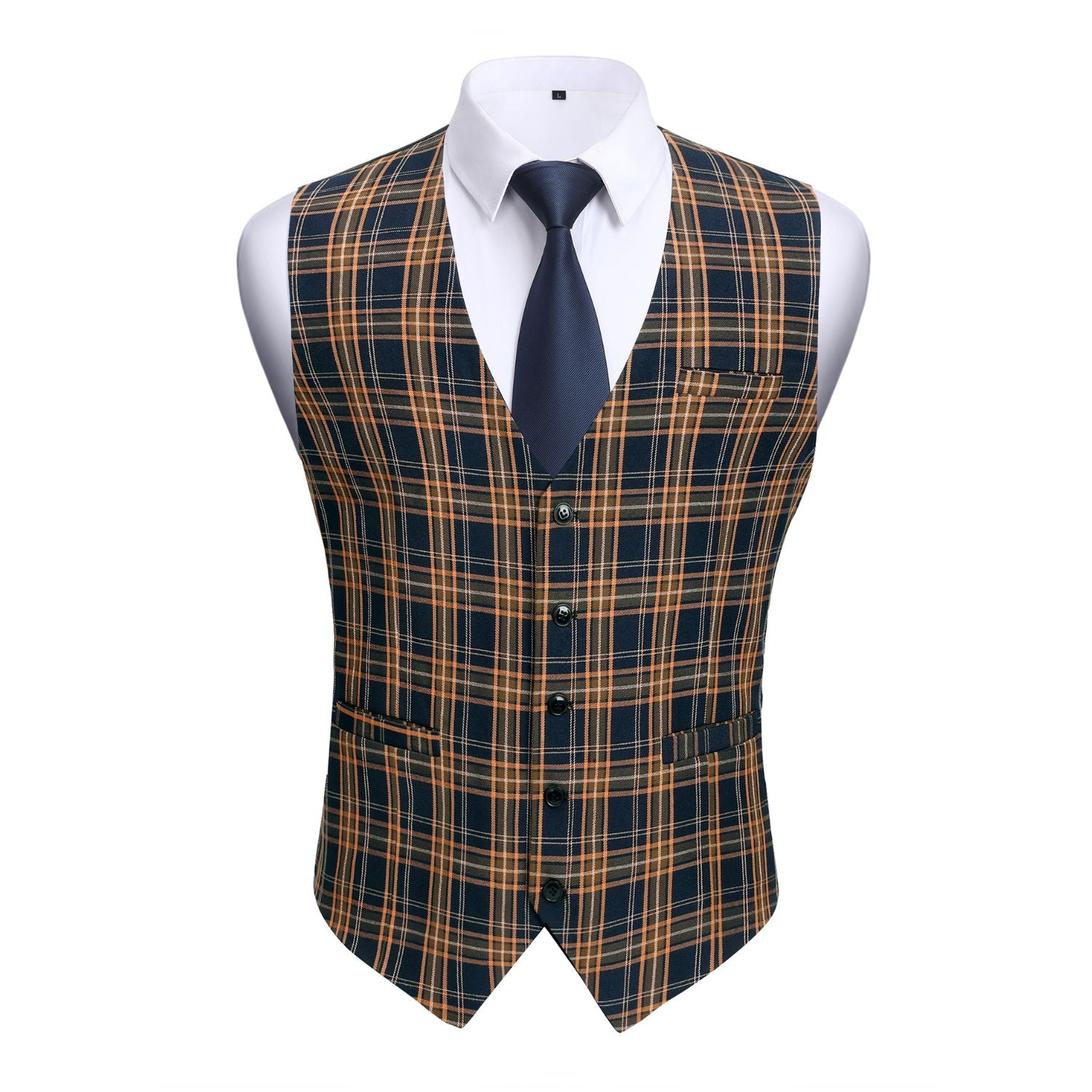 Men's Brown Blue Plaid Slim Suit Vest Formal Wear