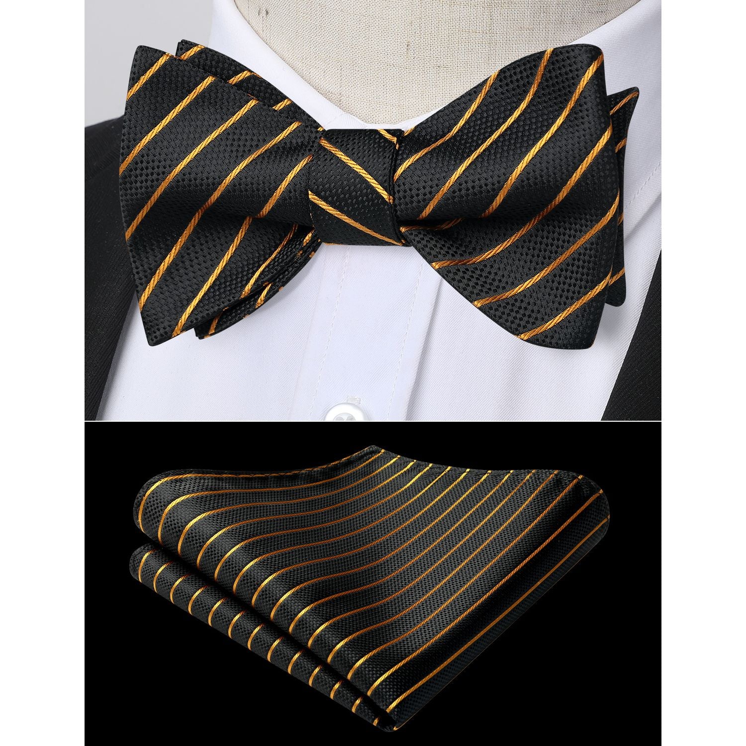 Black Gold Striped Bow Tie Accessories Set For Evening Wear - Image 2