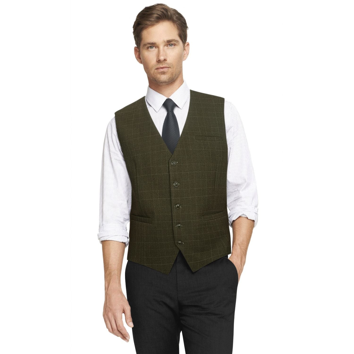 Men's Olive Green Plaid Slim Suit Vest Formal Wear - Image 2