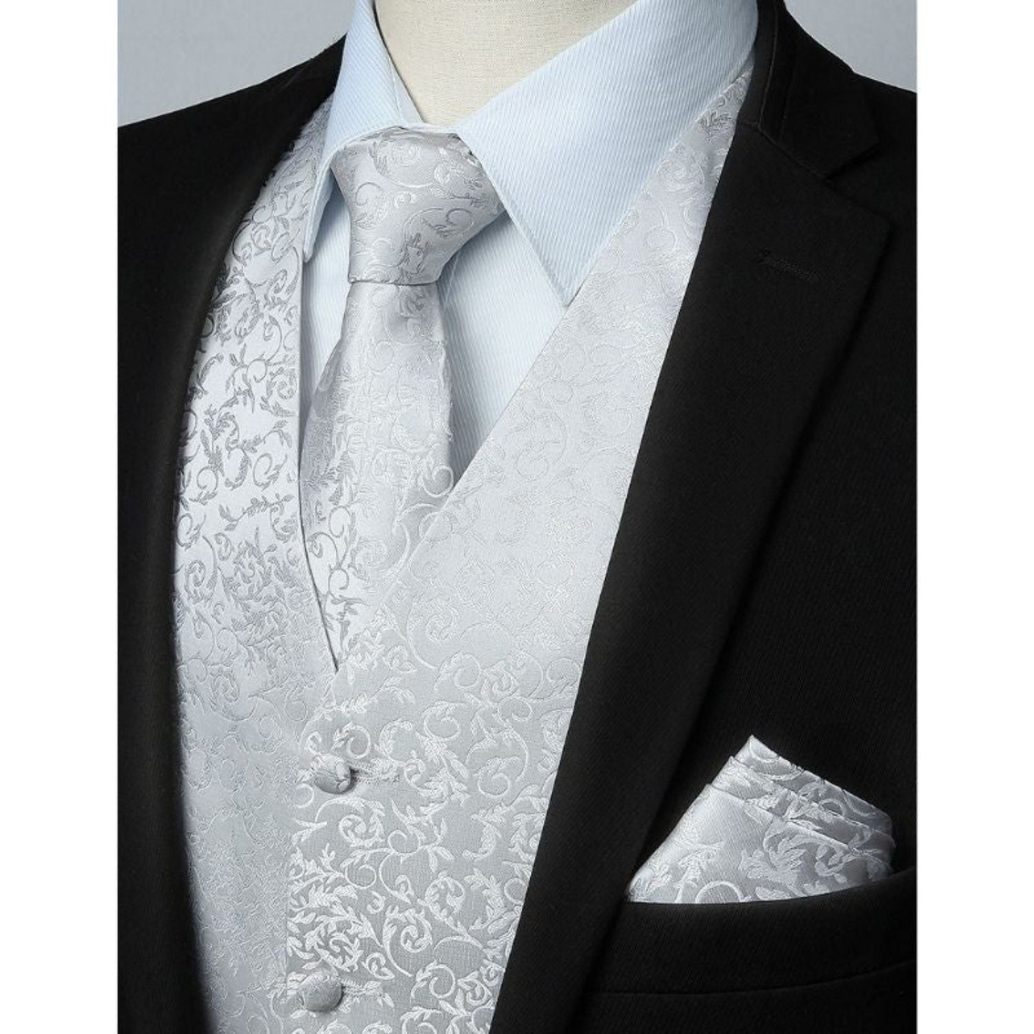 Men's Grey Silver Paisley Vest Tie Set For Weddings - Image 2