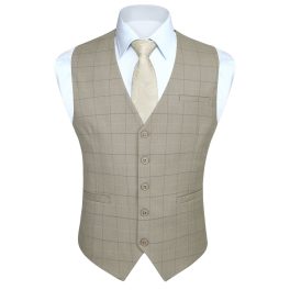 Men's Beige Plaid Slim Suit Vest Formal Wear