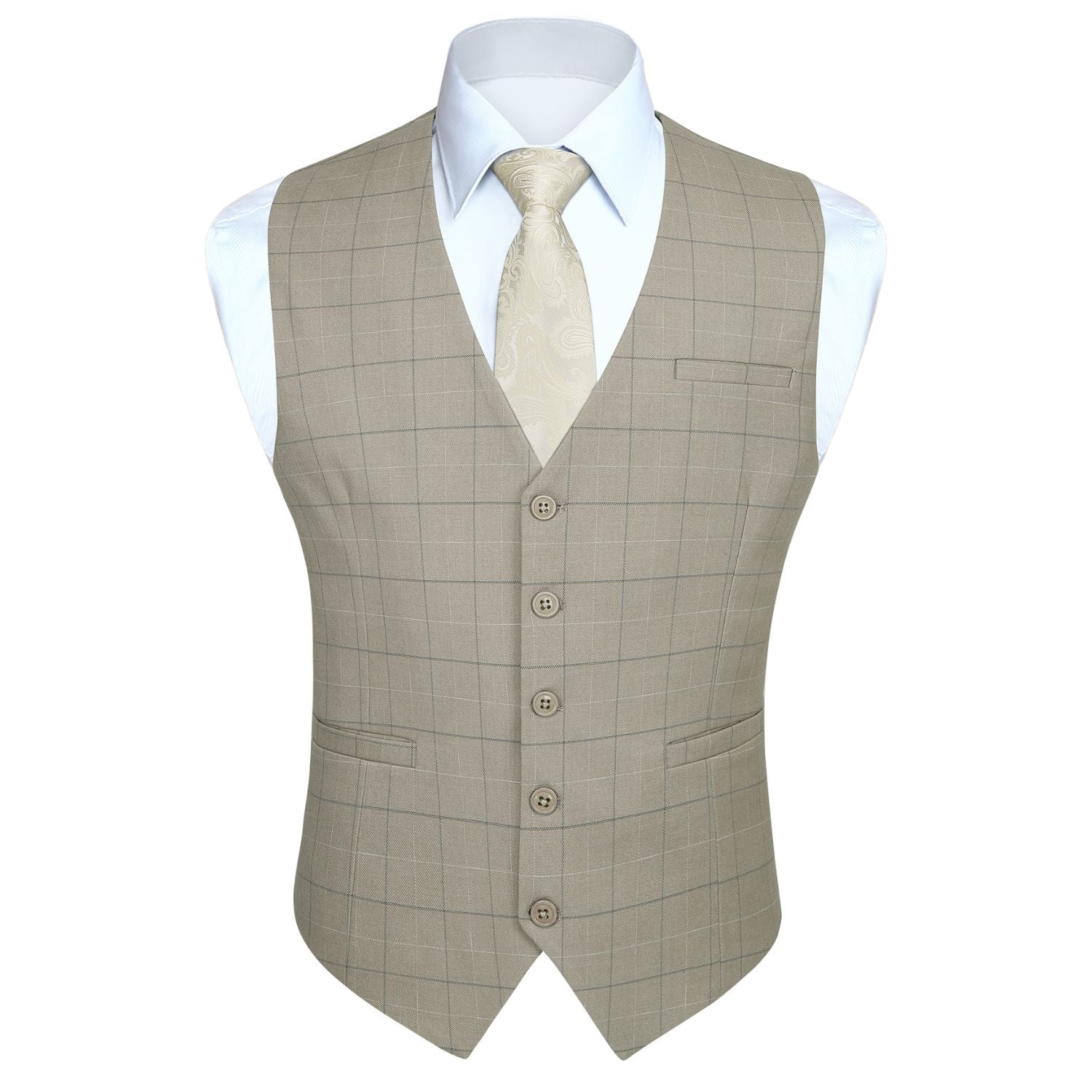 Men's Beige Plaid Slim Suit Vest Formal Wear