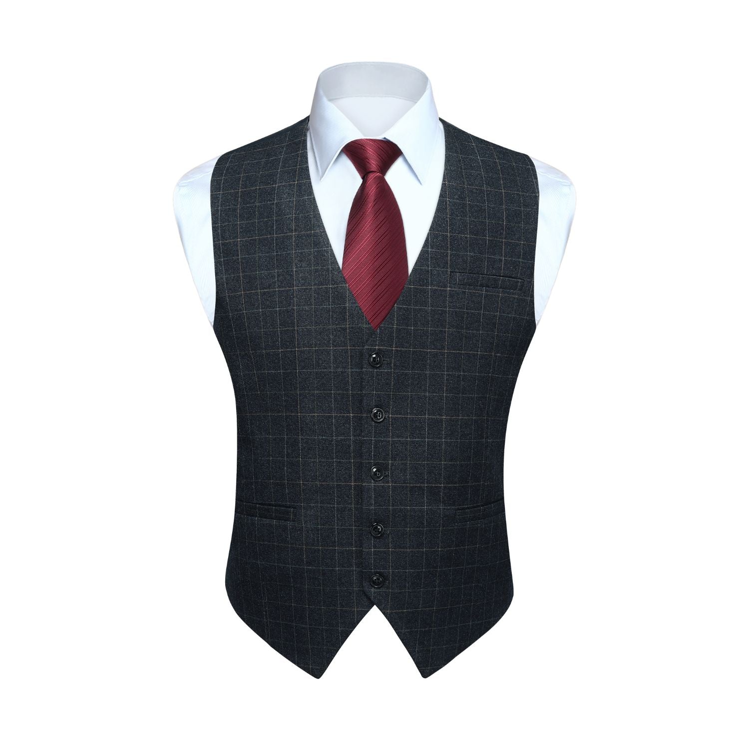 Men's Dark Black Plaid Wedding Vest For Skinny Guys