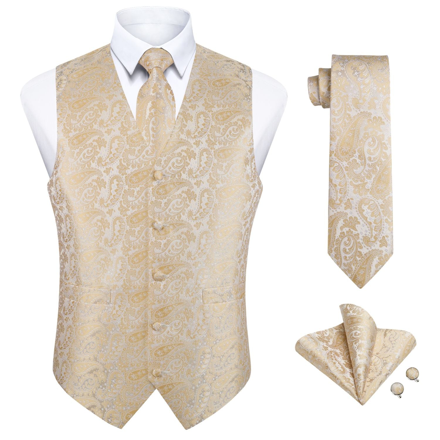 Men's Champagne Gold Paisley Vest Tie Set For Weddings