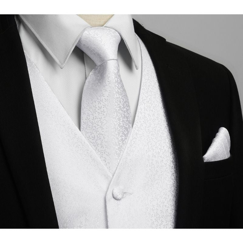 Men's White Floral Vest Tie Set For Weddings Anniversary - Image 2