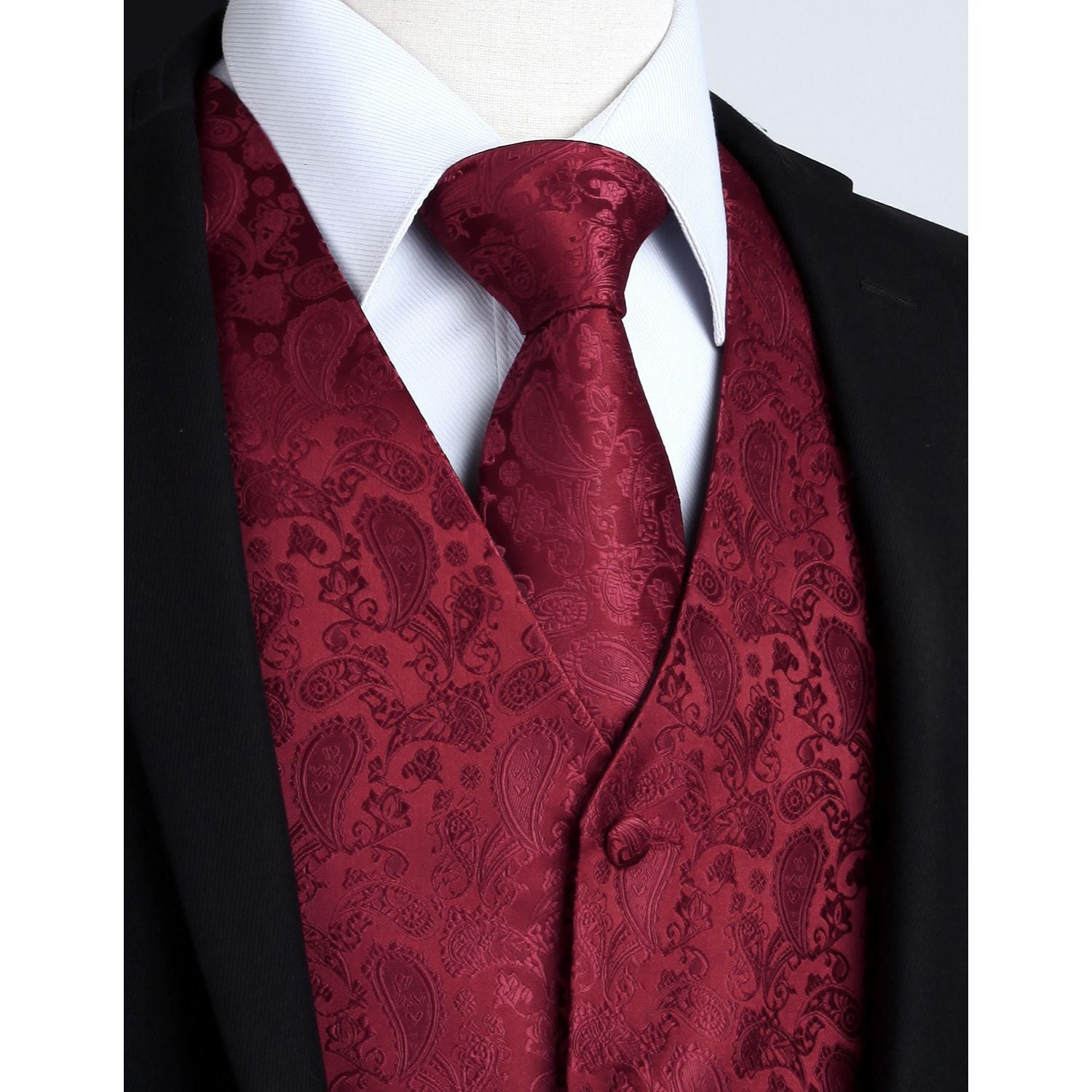 Men's Wine Red Paisley Suit Vest Set For Weddings - Image 2