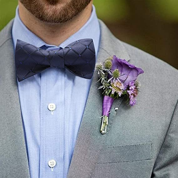 Navy Blue Plaid Bow Tie Set For Special Occasions - Image 2