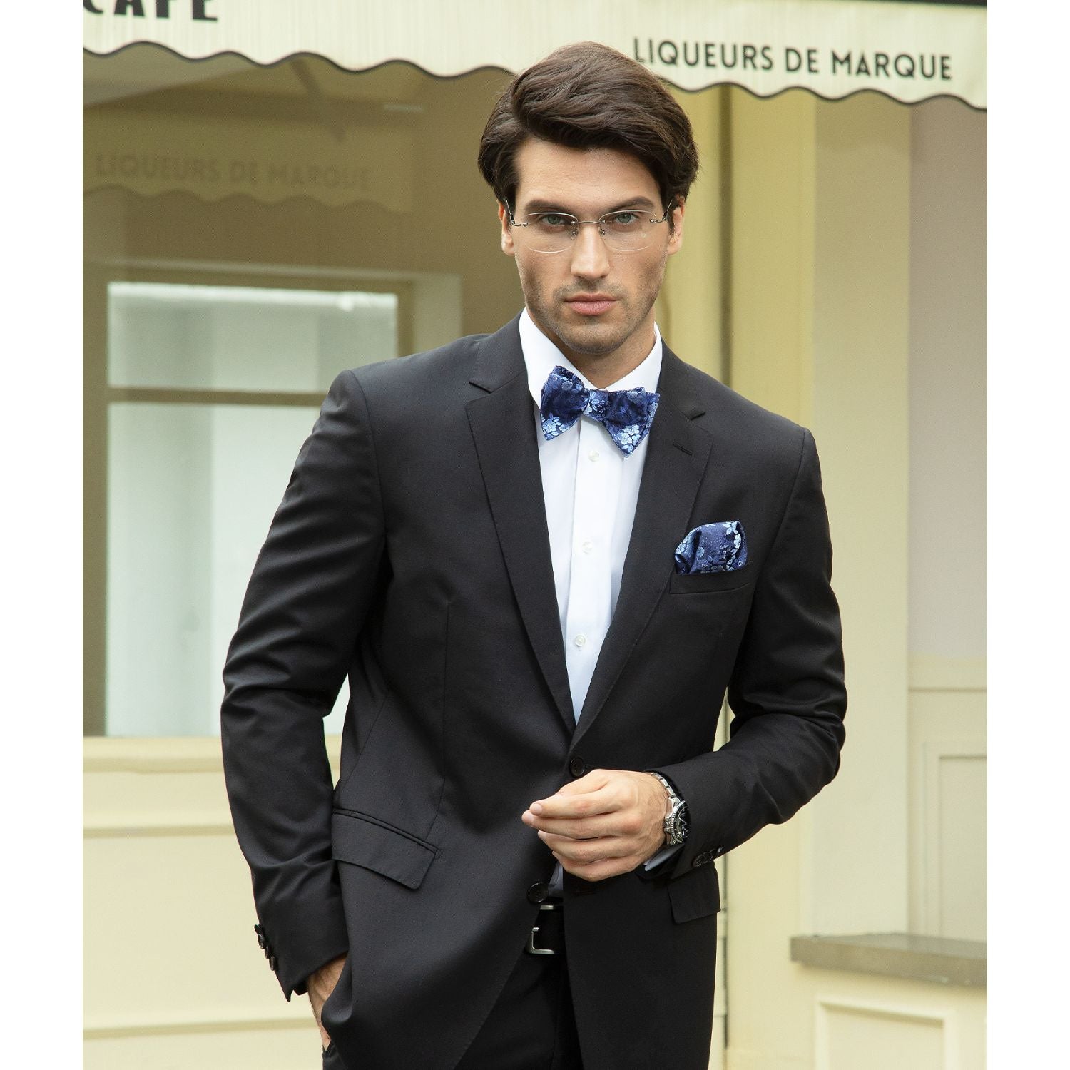 Navy Blue Floral Bow Tie Set Groomsmen Wedding - Image 2