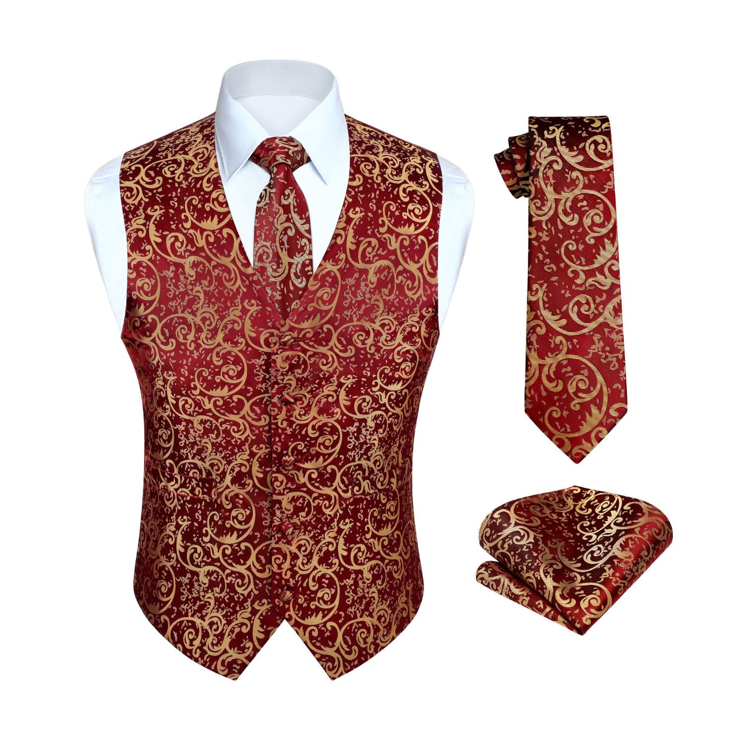 Men's Burgundy Floral Vest Tie Set For Weddings