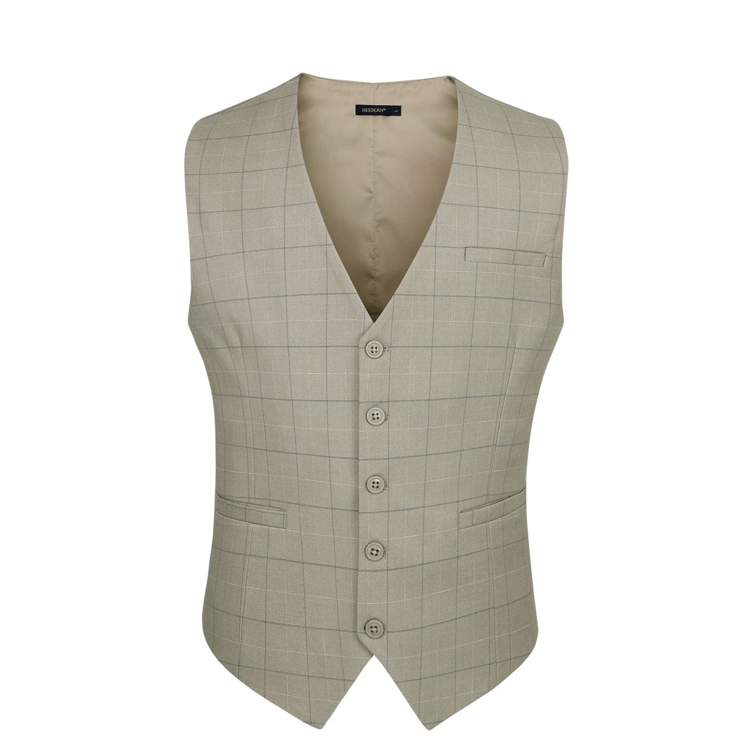 Men's Beige Plaid Slim Suit Vest Formal Wear - Image 2