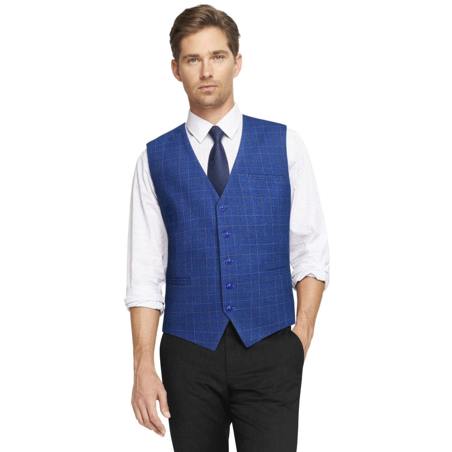 Men's Royal Blue Plaid Slim Suit Vest Formal Wear - Image 2