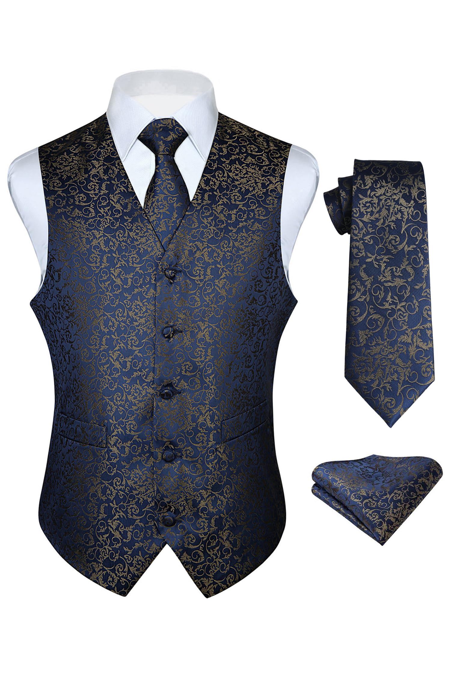 Men's Navy Blue Brown Paisley Vest Tie Set For Weddings Anniversary - Image 2