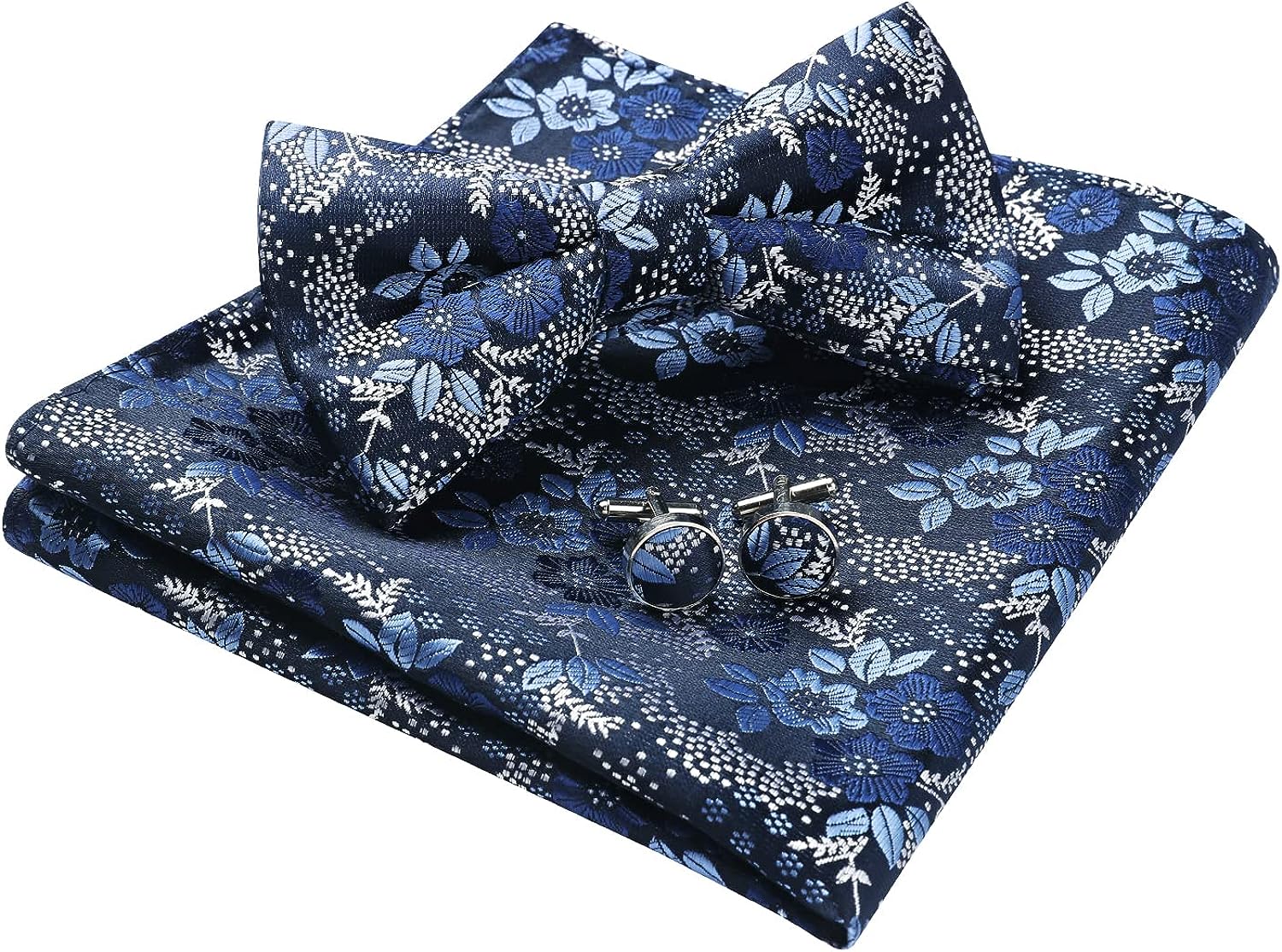 Dark Blue Floral Pre-Tied Bow Tie Handkerchief With Cufflinks