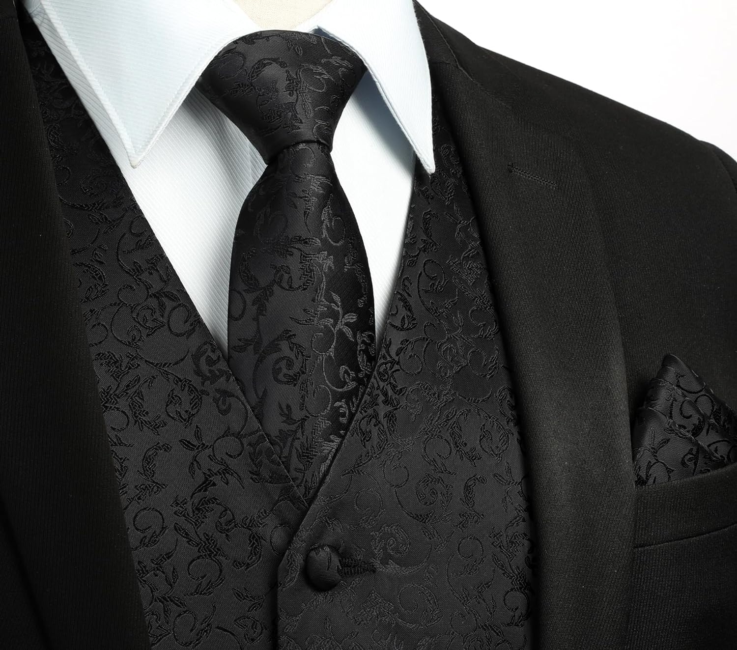 Men's Black Floral Vest Tie Set For Weddings - Image 2