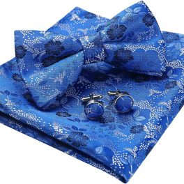 Blue Floral Pre-Tied Bow Tie Handkerchief With Cufflinks