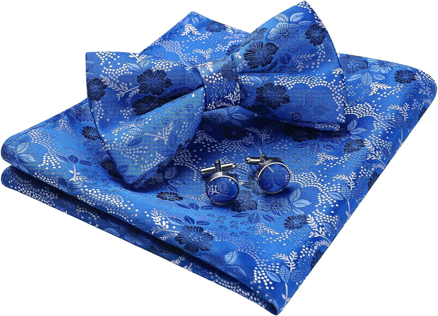 Blue Floral Pre-Tied Bow Tie Handkerchief With Cufflinks