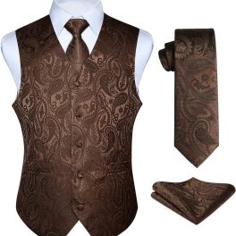 Men's Brown Paisley Vest Tie Set For Weddings Anniversary